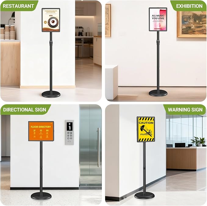 Sign Holder Stand Adjustable Sign Stand 8.5 x 11 Inches Floor Standing Sign Holder Snap-Open Frame 360° Rotating signage stand for Restaurant, Business, Shopping Mall