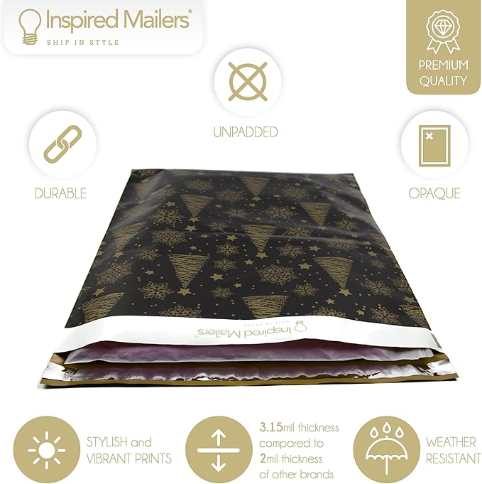 Inspired Mailers - Large Holiday Poly Mailers 14.5 x 19-50 Pack - Christmas Trees and Snowflakes (Black/Gold) - Large Holiday Mailing Envelopes