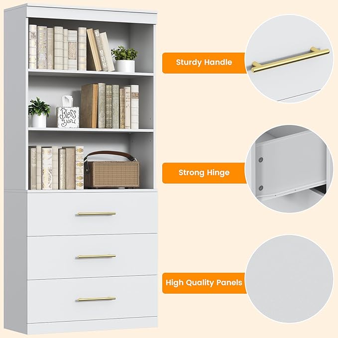 Winkalon 71" Tall White Bookshelf with Drawers, Bookcase and Bookshelf with 3-Tier Open Shelves, Tall Bookcase Tall Storage Cabinet for Home Office Living Room, 15.8" D x 31.5" W x 71" H