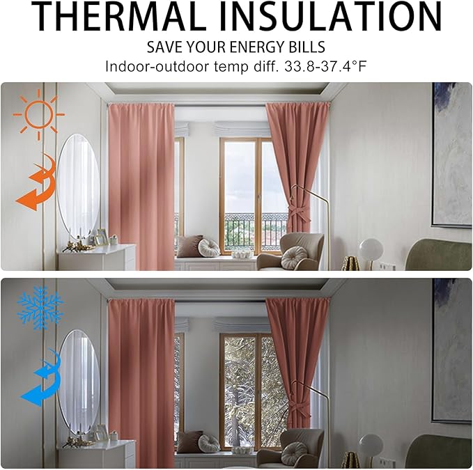 JIUZHEN Blackout Curtains for Bedroom - 60 Inch Extra Wide Thermal Insulated Room Darkening Privacy Soundproof Curtains for Living Room/Dorm Room, Set of 2 Panels, 70 x 84 inches,Dusty Rose