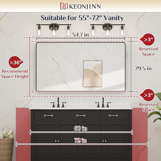 Keonjinn Black Bathroom Mirror - 55 x 30 Inch Large Metal Framed Wall Mirror, HD Tempered Glass, Modern Decorative Mirror (Horizontal/Vertical)