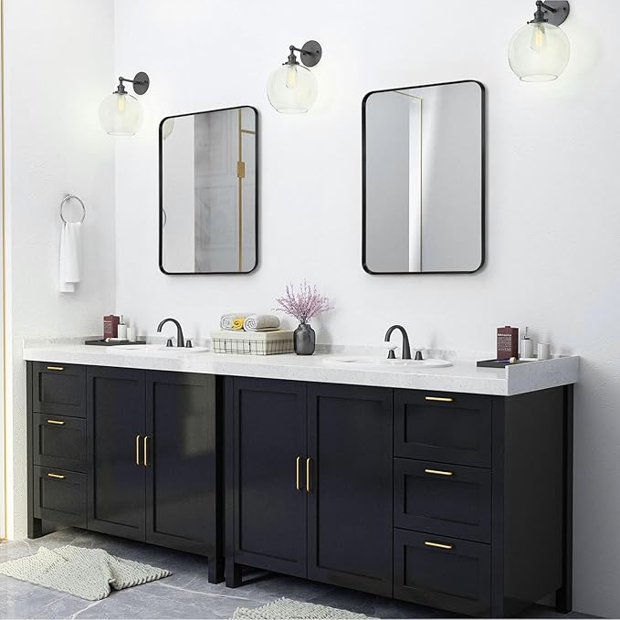 Wall Mount Mirror for Bathroom, Brushed Black Metal Framed Rounded Corner Rectangular Vanity Mirror, Tempered Glass, Anti-Rust, Hangs Horizontally or Vertically (22" x 30", Black)