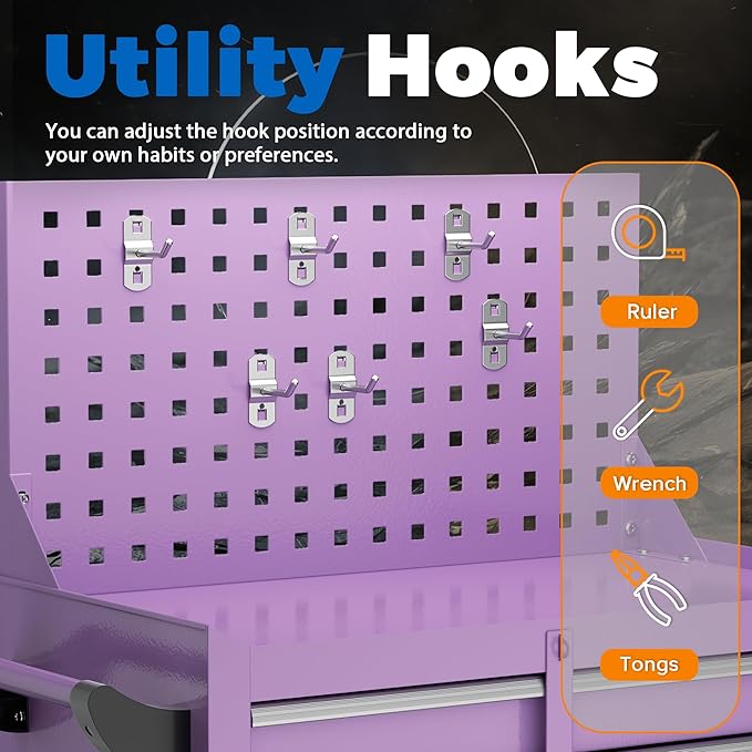INTERGREAT 7 Drawers Rolling Tool Box with Pegboard,Portable Tool Chest with Wheels, Tool Box Organizer with Locking System for Garage, Purple