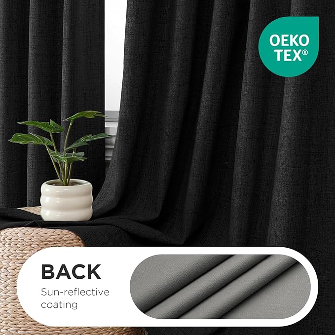 Joydeco Pinch Pleated Curtains - 100% Blackout for Bedroom, Black Linen Curtains 40" W x 90" L, Thermal Insulated 2 Panels Light Blocking Drapes, Back Tabs for Living Room