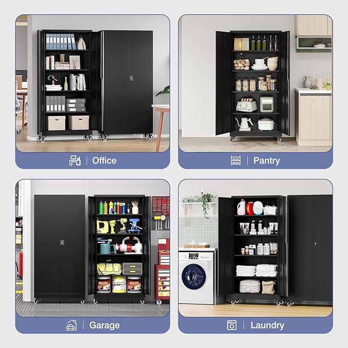 Metal Storage Cabinet with Wheels, Tall Garage Storage Cabinet with 4 Adjustable Shelves and 2 Doors, Lockable Tool Cabinet for Garage Home Office,Gym,School(Black)