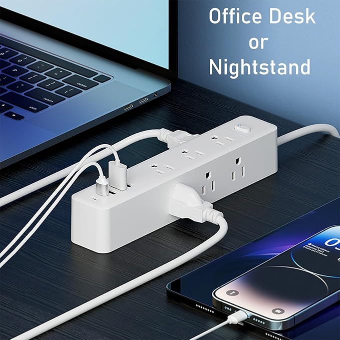 Surge Protector Power Strip, 9 Widely Spaced Outlets, 3 USB A & 2 USB C Ports, 5ft Flat Plug Long Extension Cord for Travel Home Office Entertainment, White