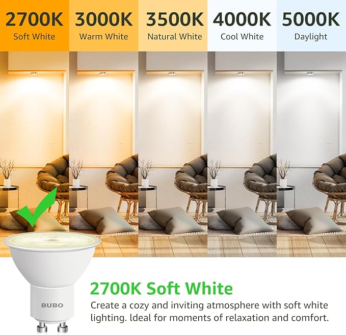 BUBO GU10 LED Bulb 6W Equivalent 50W, 2700K Soft White 650 Lumens, Non-Dimmable GU10 Bulb Replacement for Track Lighting, MR16 LED Bulb for Kitchen, Range Hood, Living Room, Bedroom, 10 Pack