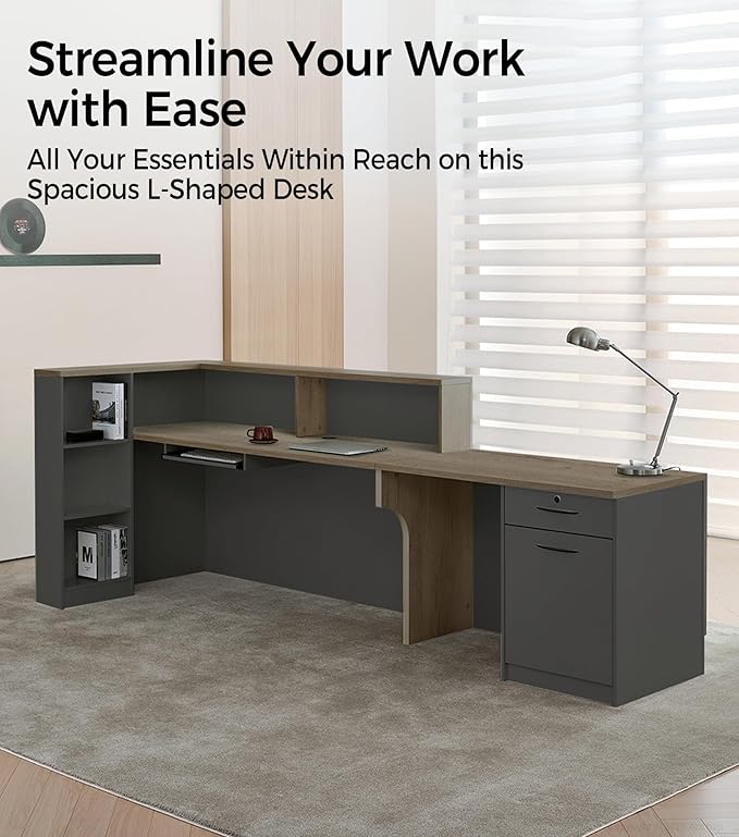 Modern L-Shaped Reception Desk with Counter - 79 inch Front Desk Reception Counter with Open Shelves, Lockable Drawer & Keyboard Tray for Office, Lobby, Checkout (Tobacco Wood + Iron Gray - Right)