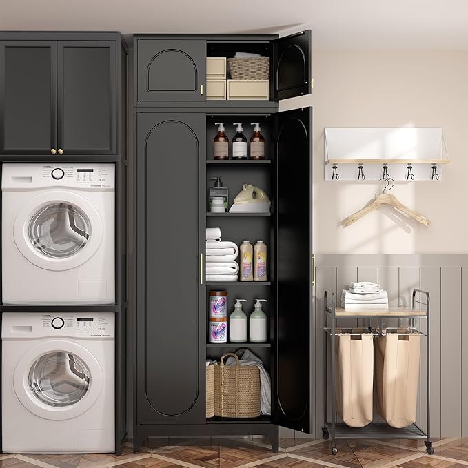 Metal Storage Cabinet and Wall Upper Storage Cabinet,90Inch White Kitchen Pantry Cabinets with 4 Adjustable Shelves,Tall Food Cupboards for Living Room, Dining Room Office