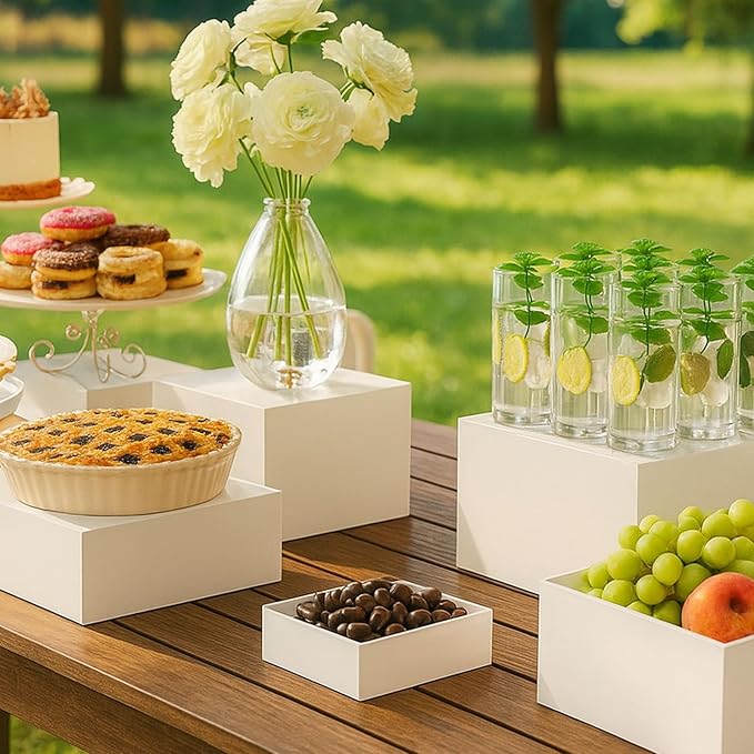 DomeStar 6PCS Buffet Risers and Stands Set, White Plastic Food Risers for Dessert Table Party Display - Cupcake, Cake, Fruit, Wedding Catering and Event Decoration