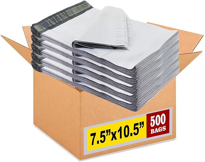 iMBAPrice 7.5x10.5 Inch White Poly Mailers, 500-Pack (#2 Small Size) Self-Seal Shipping Envelopes, Waterproof & Tear-Resistant Mailing Bags
