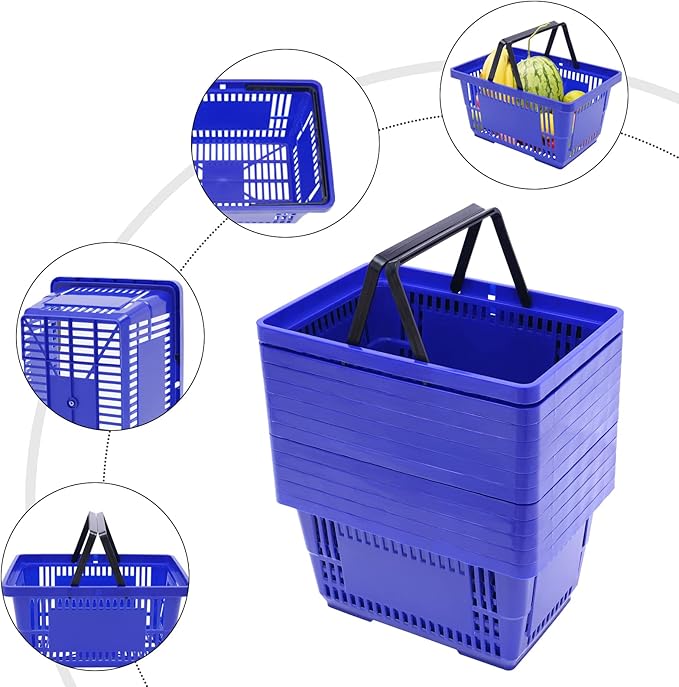 12PCS Blue Plastic Shopping Baskets with Handles, Portable Retail Baskets Grocery Basket with Handles,21L Hand Shopping Basket Set for Stores, Supermarket, Retail, Groceries Carrying