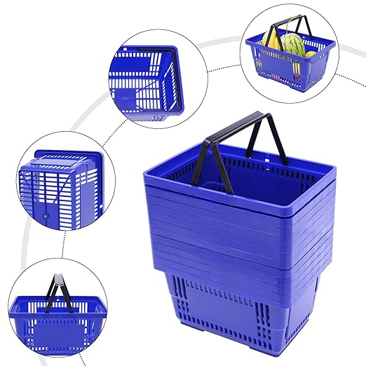 12Pcs Plastic Shopping Baskets with Handles, 18L/4.7Gal Durable Plastic Shopping Cart, Large Portable Grocery Basket for Retail Store, Supermarket, Blue