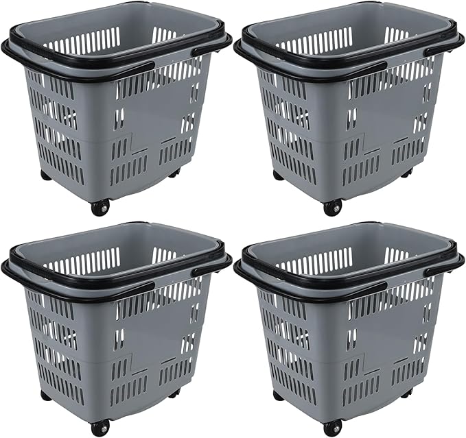 Readsky 4-Pack Large Plastic Rolling Shopping Basket with Handles, 50 L Shopping Basket with Wheels for Supermarkets Retail Stores, Gray