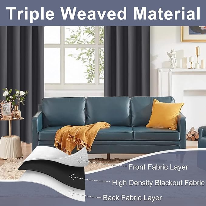 JIUZHEN Blackout Curtains for Bedroom - Thermal Insulated Room Darkening Noise Reducing, 52 x 63 Inch Length Curtains for Living Room, Set of 2 Panels with Tiebacks, Dark Grey