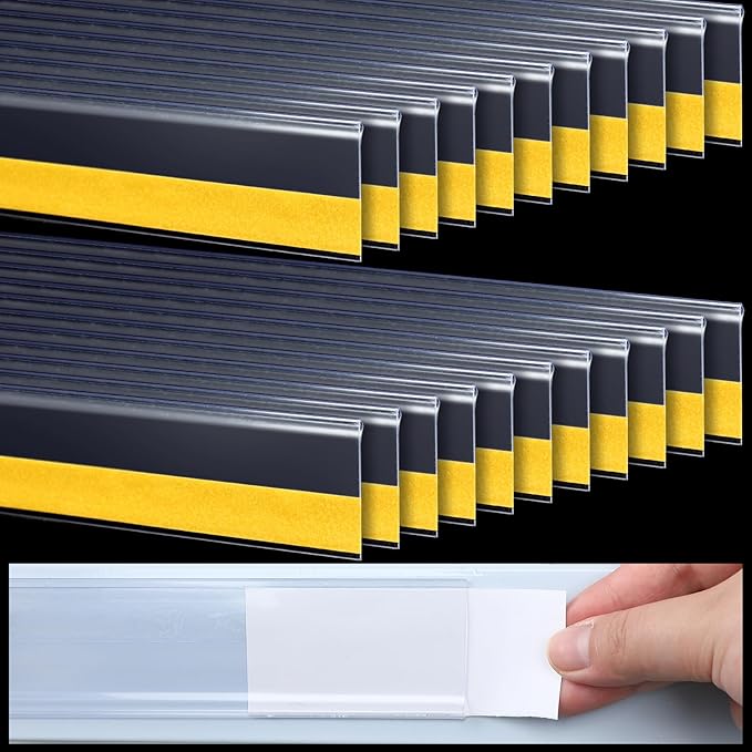 Fainne 25 Pcs Shelf Label Strips 1.5''H x 48 L Self Adhesive Shelf Label Holder Gondola Price Tag Stick on Plastic Clear Ticket Channel for Metal Wood Plastic Rack