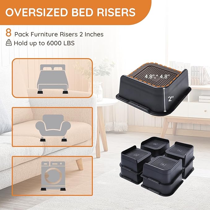 Bed Risers, Oversized Furniture Risers, 2 inch Raise Blocks for Bed Couch Desk Sofa Table Lifts, Furniture Legs Lifters Support up to 6000 Lbs (Black, 8 Pack Set)