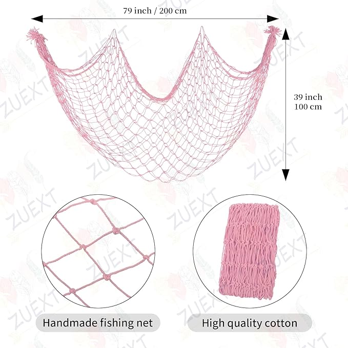 ZUEXT Light Pink Decorative Fishing Net 80x40 Inch, 2PCS Wall Photo Hanging Fishnet,Cotton Mermaid Net for Nautical Mermaid Pirate Ocean Themed Hawaii Beach Under the Sea Party Decorations
