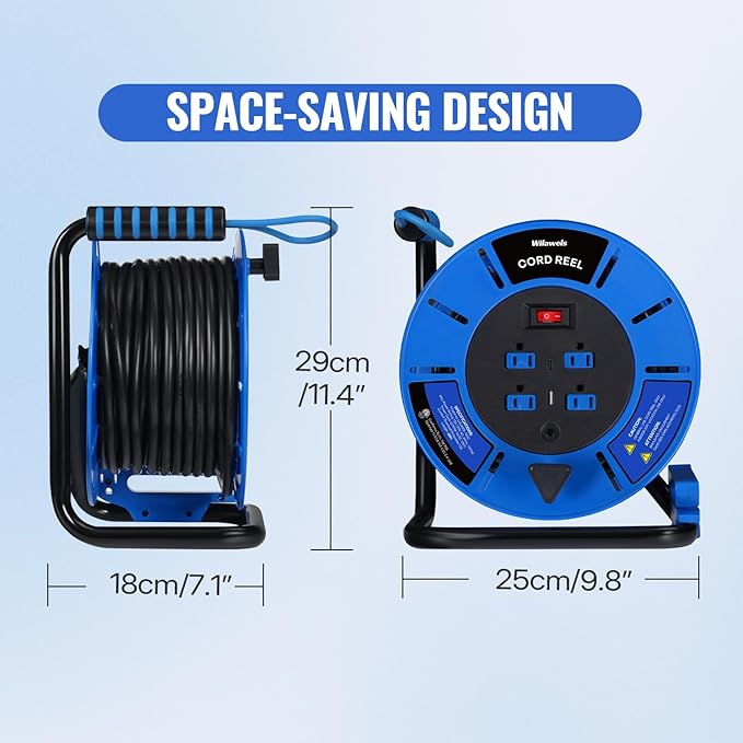 60 FT Retractable Extension Cord Reel, 14AWG Heavy Duty Power Cord with 4 Grounded Outlets, USB-A & USB-C Ports, 13A 1625W, Portable Hand Crank for Indoor Outdoor Use, ETL Listed U60ACR06