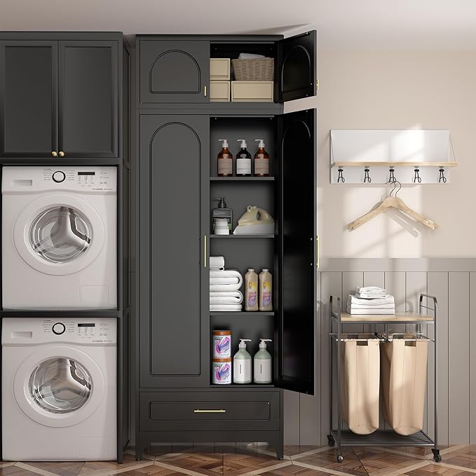 Kitchen Pantry Cabinet，90" Storage Cabinets with Doors and Shelves,Metal Pantry Cabinet with Drawers,White Kitchen Cupboard for Livingroom,Pantry, Bathroom