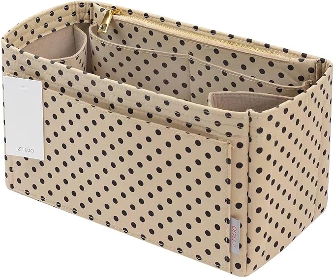 Purse Organizer Insert For Handbags, Silky Touching Bag Organizer Insert With Bottle Holder, Perfect for Speedy, Neverfull, Tote,ONTHEGO ,Artsy,Handbag and More (Slender Medium, Brown polk dots Beige)