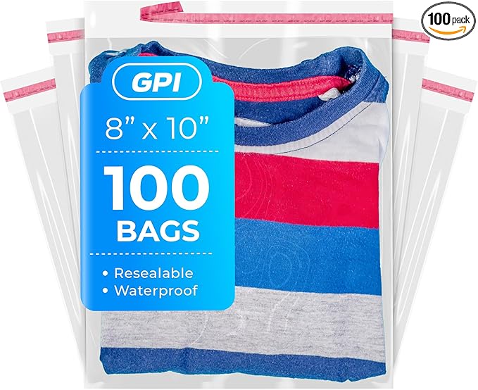 8" X 10" Self Seal Resealable Poly Bags - Case of 100, Peel & Seal Reclosable Polybags with suffoaction Warning and Adhesive Strip for Packaging & Shipping Clothes, Shirts & More - GPI