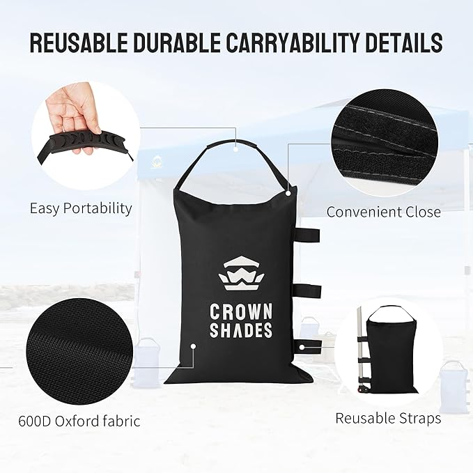 CROWN SHADES Sand Bags for Canopy Legs (150 LBS) Sandbags for Weight, Canopy Weights, Pop Up Tent Weights Bags, Black (Unfilled)