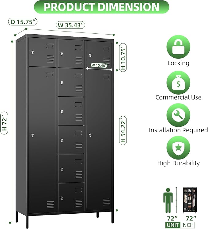 Aobabo Metal Storage Locker for empolyees, 10 Doors Metal Lockers with Hooks, for School, Home Office, Garage, Assembly Required, Black