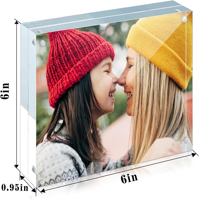 ILYXY 2 Pack Acrylic Frame 6x6, 20% Thicker, 24mm Thick Frameless Clear Square Picture Frame, Double Sided Magnetic Photo Frame, Free Standing Desktop Display Stand Acrylic Picture Frames