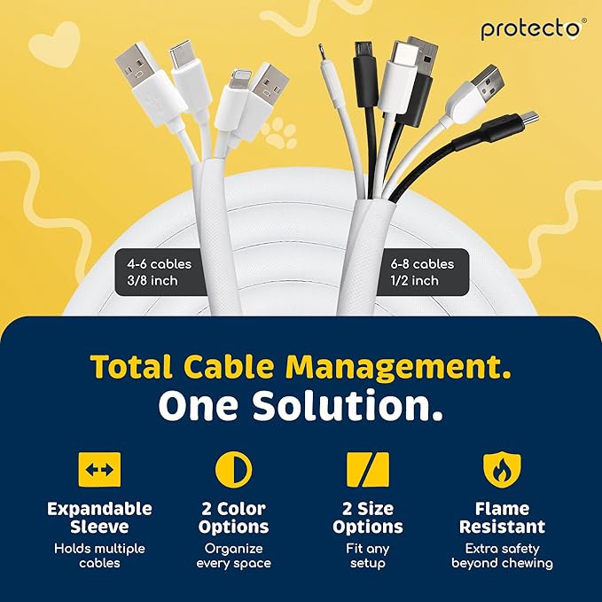 PROTECTO Heavy Duty Dog & Cat Cord Protector 10ft Long Sleeve, Easy-to-Use 1/2 in Cord Cover for Pet, Odorless White Color, No Chew Solution for Power, Audio & Video Wire Tubing, Fits 6-8 Cables