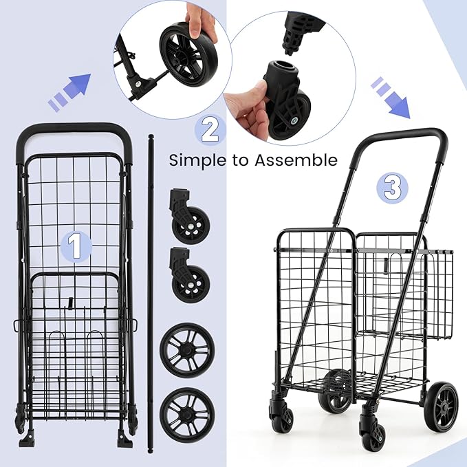 Goplus Folding Shopping Utility Cart, Double Basket and 360° Swivel Wheels, Adjustable Handle, Small Cart Perfect for Grocery Laundry Book Luggage Travel