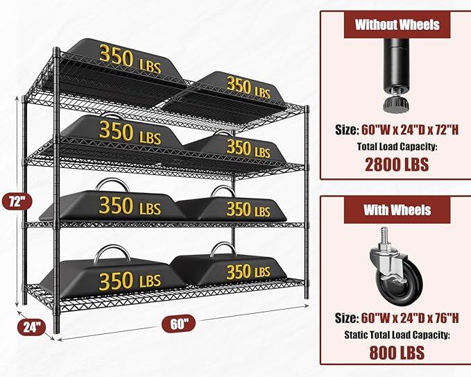 PrimeZone 60" W x 24" D x 76" H Heavy Duty Wire Storage Shelves with Wheels, 4 Tier Adjustable NSF Certified Garage Shelving Unit, Rolling Metal Organizer Shelf Rack for Warehouse, Pantry, 3 Packs