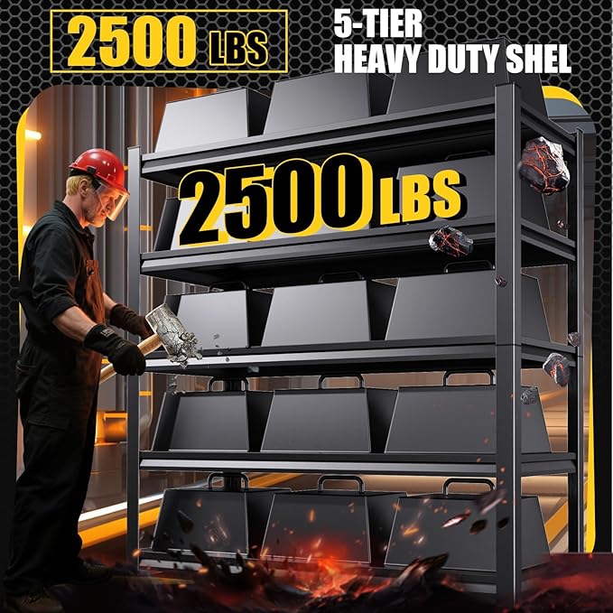 5-Tier Garage Shelving Heavy Duty, 2500LBS Metal Shelving Unit, Adjustable Garage Storage Shelves, Easy Assembly Steel Shelving, Utility Storage Rack Shelf for Warehouse, 72”H*35.4”W*16”D, 2 Pack
