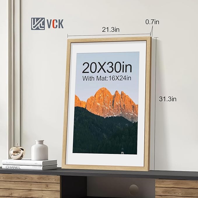 VCK 20x30 Poster Frame 2 Pack - Natural Oak, High-End Wood Picture Frames with Polished Plexiglass, Display 16x24 Photo with Mat or 20x30 without Mat, Art Gallery-Quality, Wall Hanging, Natural Oak