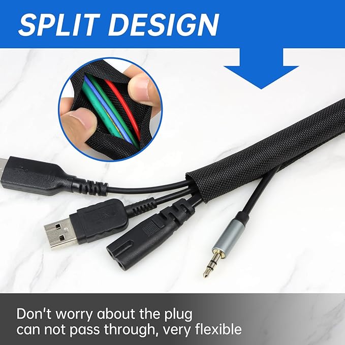 Split Braided Cable Sleeve，Flexible Wire Loom Tubing, Automotive Cord Protector Pet Proof, Cable Management for Computer TV Electric Wires Harness 16ft (Black, 16mm（5/8")