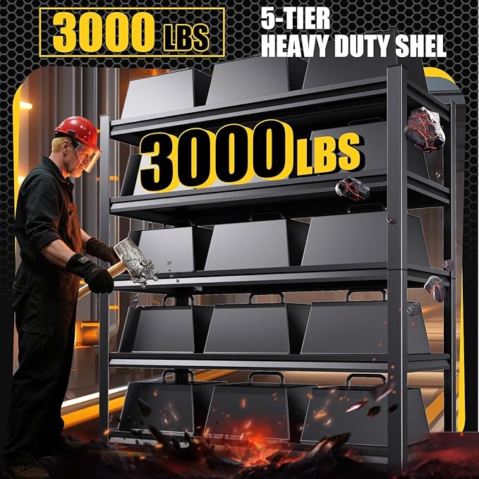 5-Tier Garage Shelving Heavy Duty, 3000LBS Metal Shelving Unit, Adjustable Garage Storage Shelves, Easy Assembly Steel Shelving, Utility Storage Rack Shelf for Warehouse,Pantry 72”H*45.7”W*20”D
