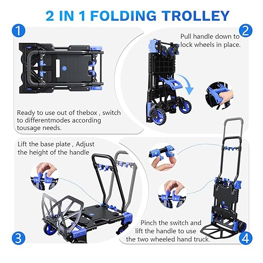 2 in 1 Folding Hand Truck,330lbs Capacity Heavy Duty Hand Truck,with Telescoping Handle and Rubber Wheels,Portable Dolly Cart with Bungee Cords for Moving,Travel,Shopping