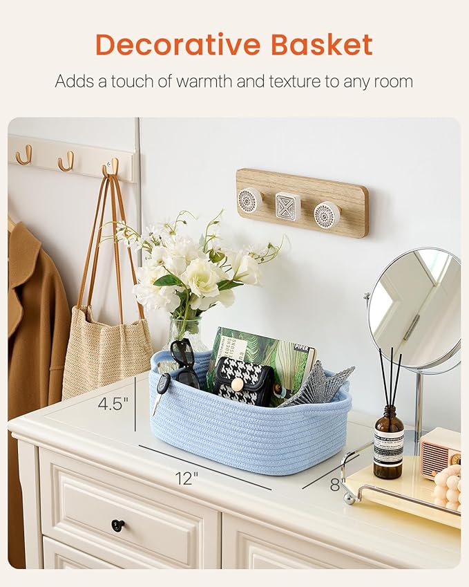 KALLAX Small Woven Basket, 12 x 8 x 4.5 Inches, Small Storage Baskets for Organizing, Gift Baskets Empty, Cute Rope Shelf Closet Storage Bins for Shelves, Dog Toy Basket, Light Blue