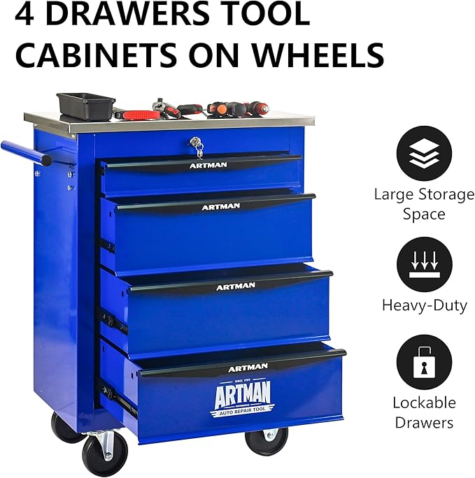 4 Drawer Rolling Tool Chest with Locker, 22.2" D Metal Movable Lockable Tool Cart Box Multi-Functional Hardware Storage Cabinet Box for Warehouse Basement Home Pantry Garage