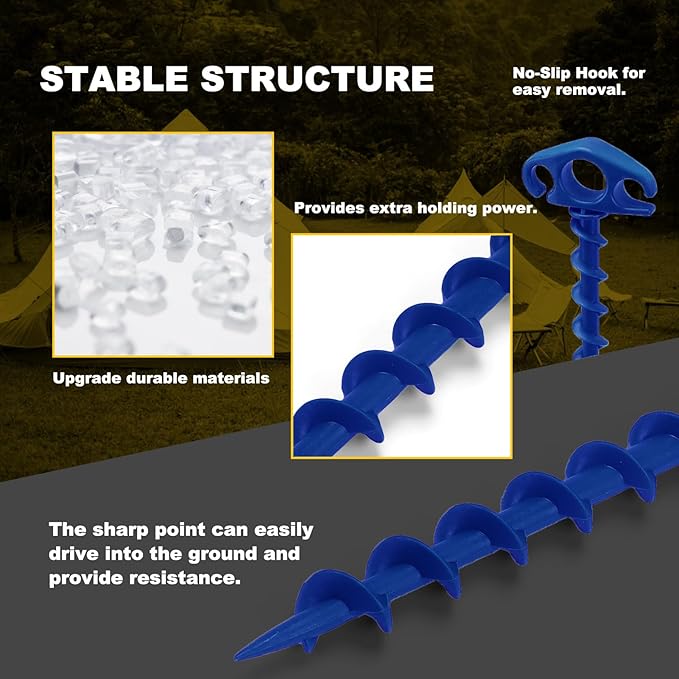 Tent Stakes Ground Anchors Screw in, 10 Pack Sand Stakes for Beach 9.4 Inch Heavy Duty Spiral Tent Pegs for Camping, Party, Hiking, Outdoor Decoration (10, Blue)