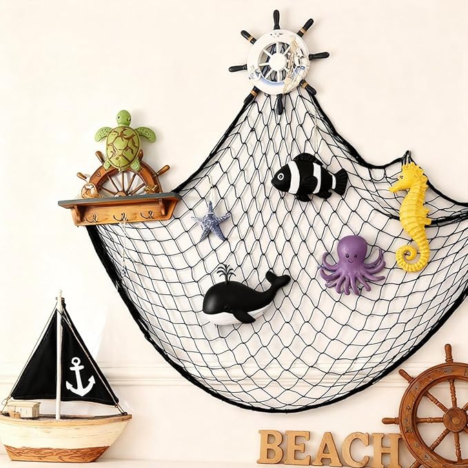 Patioland Decorative Fishing Net 80x40 Inch, 3 Pack Large Black Picture Fish Net, Wall Photo Hanging Fishnet for Nautical Mermaid Pirate Ocean Themed Hawaii Beach Under The Sea Party Decorations