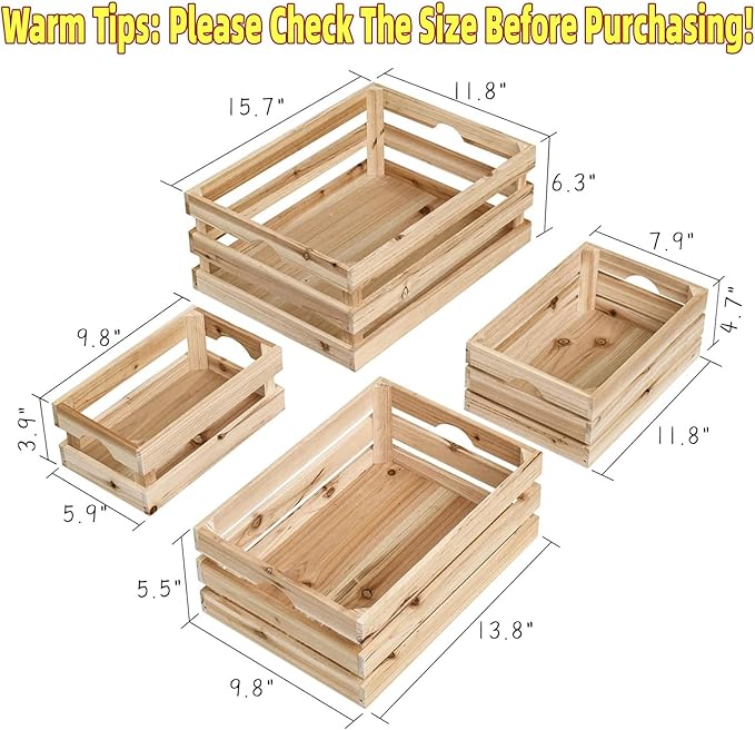 Set of 4 Large Wooden Crates Unfinished Office Storage Crates, Decorative Wood Storage Crates for Display, Rustic Pine Wood Organizer Bin Basket for Kitchen Pantry Bathroom