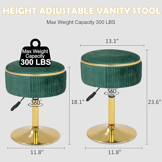 Adjustable Vanity Stool with Storage, 360° Swivel Makeup Stool Chair Small Velvet Round Ottoman with Gold Base for Bedroom, Green
