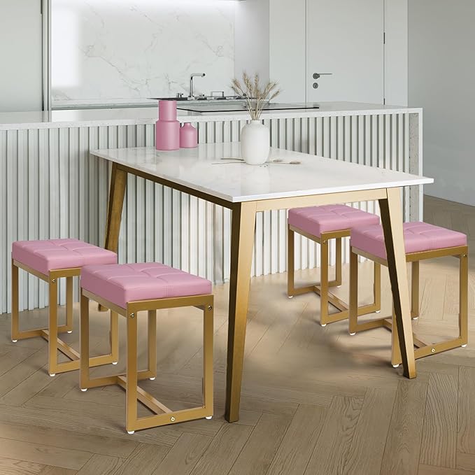 Vanity Stool, Pink Small Vanity Stools Chair, Square Cushion Makeup Chairs for Vanity, Metal Foot Stool Ottoman Seat for Bedroom Makeup Living Room, Pink & Gold