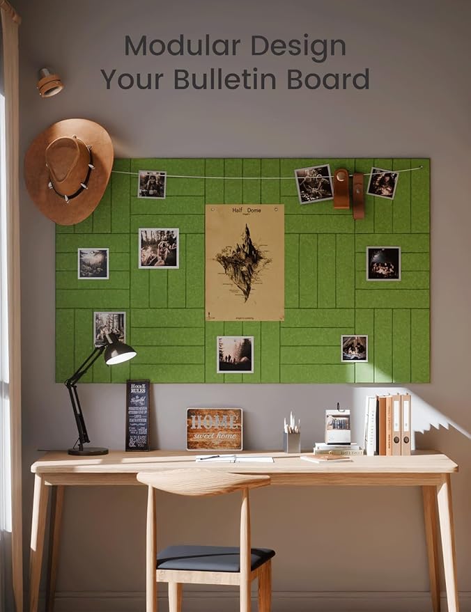 Felt Bulletin Board Tiles Large 48" x 36" Cork Board Alternative-12 Pack with 70 Adhesive Tabs, Thick Slat Wall Panels for Office Decor, Push Pin Board Wall Organizer Alternative-Kelly Green