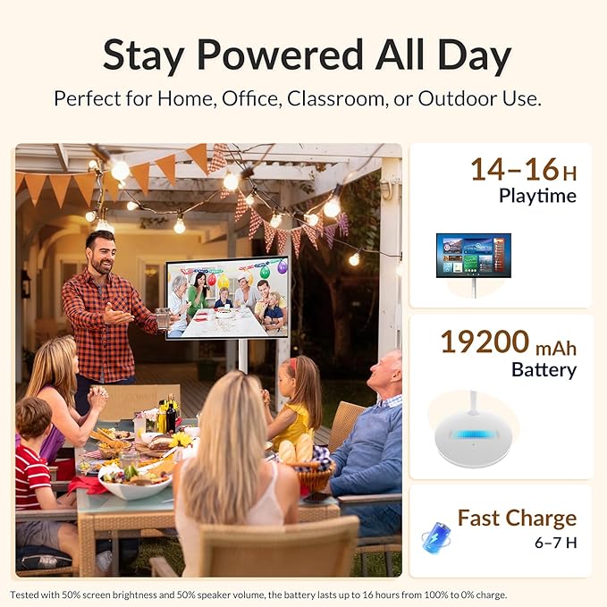 27" Smart Portable TV on Wheels, 16-Hours Playtime, Rolling TV with 8GB+128GB, Android 14, EDLA-Certified Touch Screen Monitor, 13 MP Camera, Remote & Voice Control