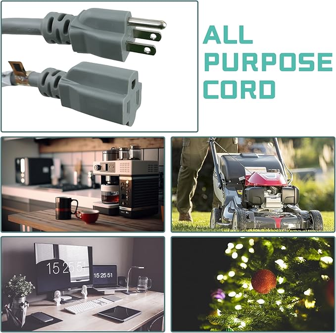 30 Ft Outdoor Extension Cord - 12/3 SJTW Heavy Duty Grey Extension Cable with 3 Prong Grounded Plug - Power Cord for Lawn, Garden, Appliances