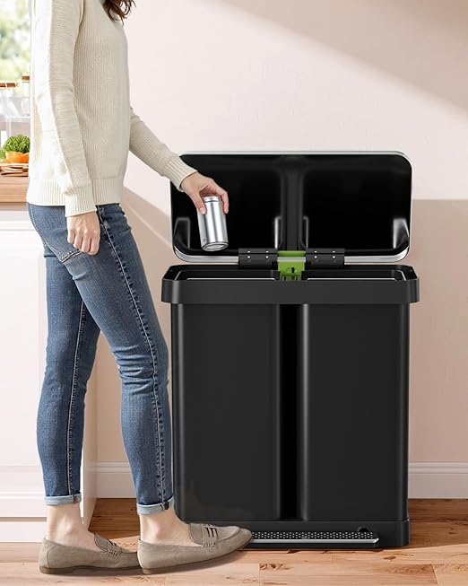 Arlopu 16 Gallon Dual Trash Can, 60L(2x30L) Stainless Steel Kitchen Garbage Can, Step-on Classified Recycle Garbage Bin with Removable Inner Buckets, for Kitchen, Living Room, Office (Black)