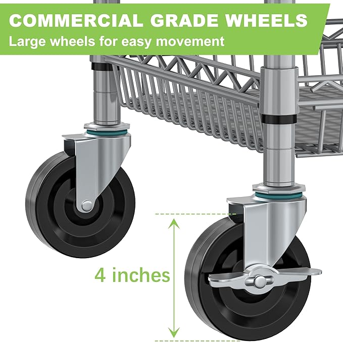 Heavy Duty Metal Carts with Wheels 1050lbs Steel Wire Rolling Utility Cart with Storage Commercial Grade Trolley with Handle Bar&Shelf Liner for Kitchen Living Room Laundry Grocery