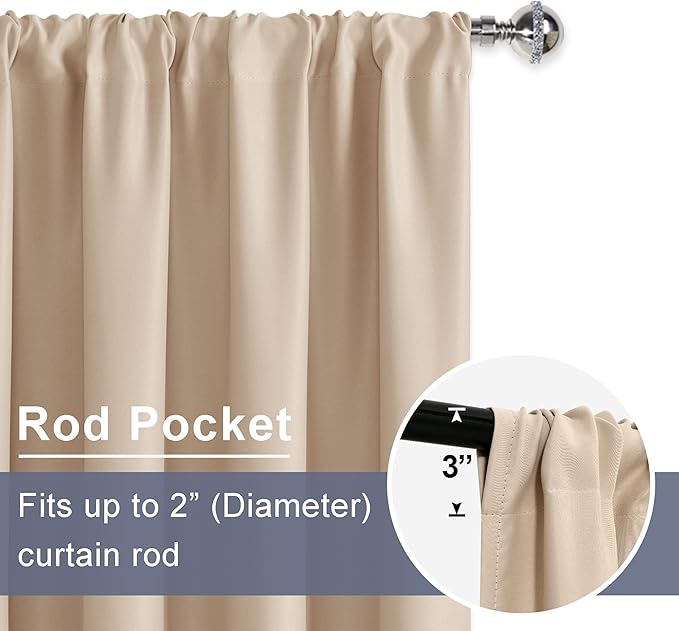 JIUZHEN Blackout Curtains for Bedroom - Thermal Insulated Room Darkening Rod Pocket Curtains for Living Room, Set of 2 Panels with Tiebacks, 60 x 96 Inch Length, Beige